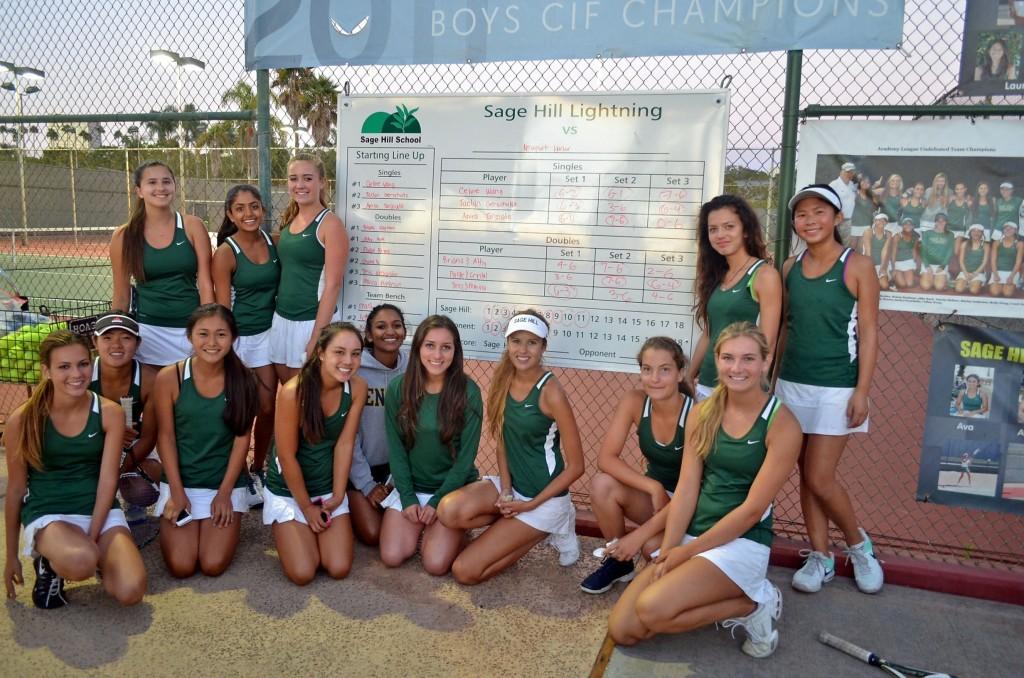 Girls varsity tennis team poses next to the scoreboard after their 11-7 victory against Newport Harbor High School. September 24 2013. Photographer: Dave Siegmund
