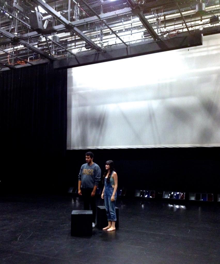 Senior Keivon Akbari (Radames) and senior Sydney Endicott (Aida) rehearse in the Black Box Theater on September 18 2013. Photographer: Tess Hezlep