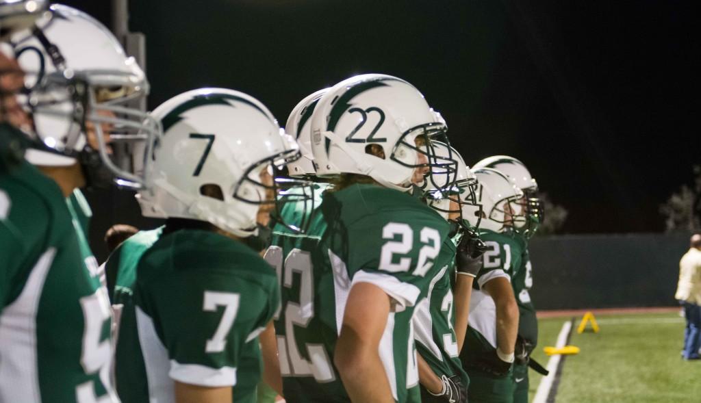 Players of the Sage Hill football team stand ready to go during the Sept. 6 football game against  Fairmont Preparatory Academy at Sage. September 6 2013. Photographer: Kellen Ochi