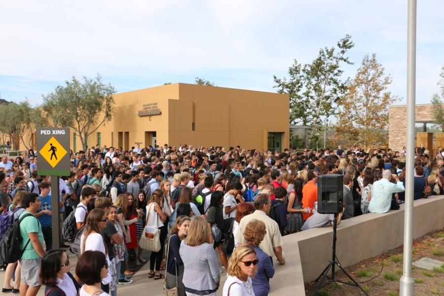 Sage Hill students, teacher, parents and staff gather in front of the Lisa Argyros and Family Science Center on Aug. 25.