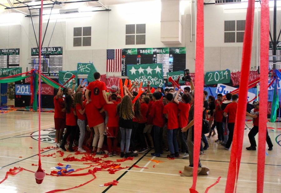 Sophomores celebrate in the Peter V. Ueberroth Gymnasium. In the spring pep rally, they won 2nd place.
