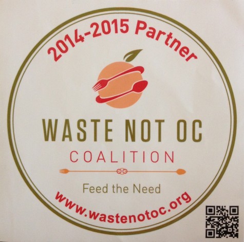 Sticker from Waste Not OC Coalition, an organization that “facilitates the donation and distribution of wholesome surplus food,” posted outside Sapphire, a frequent donor to the Coalition’s effort.
