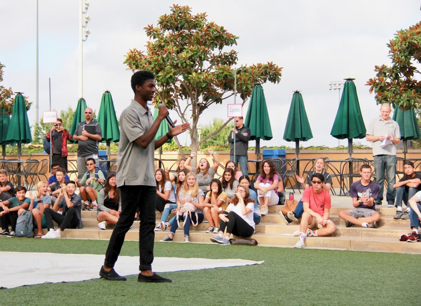 Amanda Duong. Miles Wilson speaks to students in Wilkins Town Square