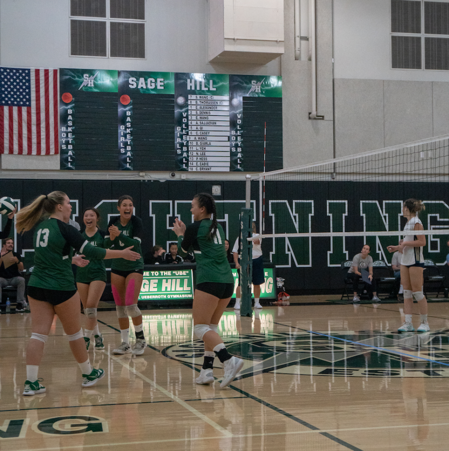 Seniors+Paige+Hess%2C+Sophie+Wang+and+Brooke+Thomassen+cheer+with+Junior+Lola+Yeh+in+Varsity+Volleyball%E2%80%99s+Senior+Night+match+in+the+Ube.