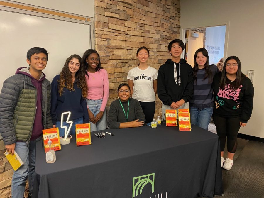 Megha Majumdar with sophomore students before a book signing.