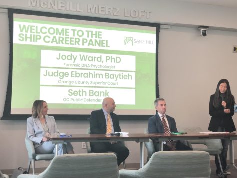Junior Carisa Koh (right) moderates the SHIP career panel with forensic psychologist Jody Ward,
Superior Court Judge Ebrahim Baytieh and Assistant Public Defender Seth Bank.