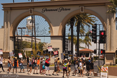 SAG AFTRA and WGA members strike outside Paramount Pictures entrance July 19, 2023. 