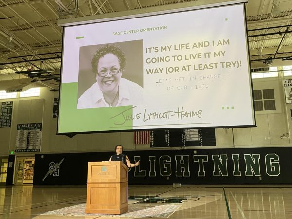 Julie Lythcott-Haims speaks to the school community during the Sage Center Orientation Assembly on Sept. 27.
