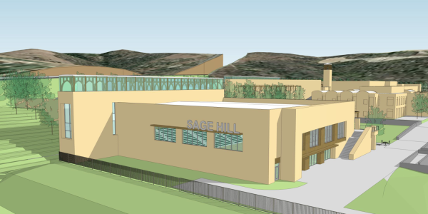 An architects concept drawing of the proposed middle school as seen from the State Route 73 toll road.