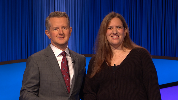 Jeopardy! Host Ken Jennings with school librarian Michalle Gould at the shows Culver City soundstage on Aug. 18.