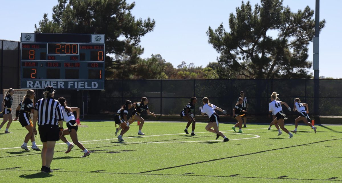 Sage Hill Girls Flag Football Team going against Laguna Hills Girls Flag Football Team on August 29, 2024.