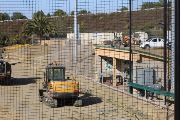 Construction equipment was staged by a dugout at Hague Field on Nov. 6. 