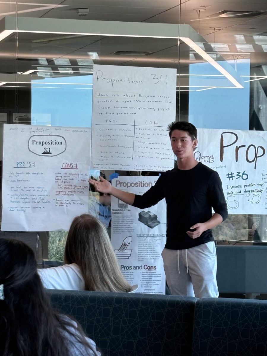 Senior Dylan Dolotta talks about Proposition 34 during a voter information presentation hosted by the Youth in Political Advocacy service learning group on Oct. 10.