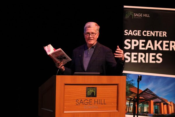 Sage Hill School co-founder Steve Johnson shares from “A Thousand Miles from Care” in the Kazu Fukuda Black Box Theater on Jan. 15