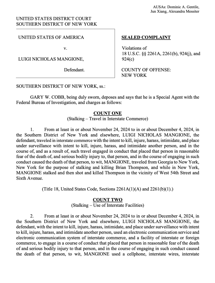 Sealed complaint filed for United States of America v. Luigi Nicholas Mangione.