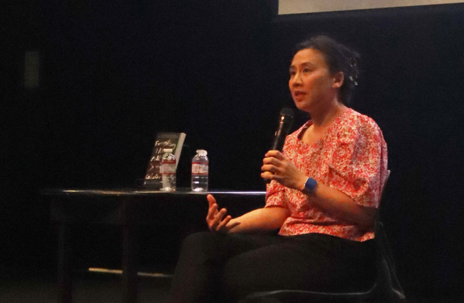 Celeste Ng speaks to ninth graders in the Kazu Fukuda Black Box Theater.