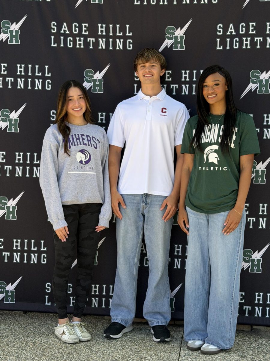 Seniors Cameron Liu, Ethan Hicks, and Alyssa Cuff celebrating their college signing day on April 14th